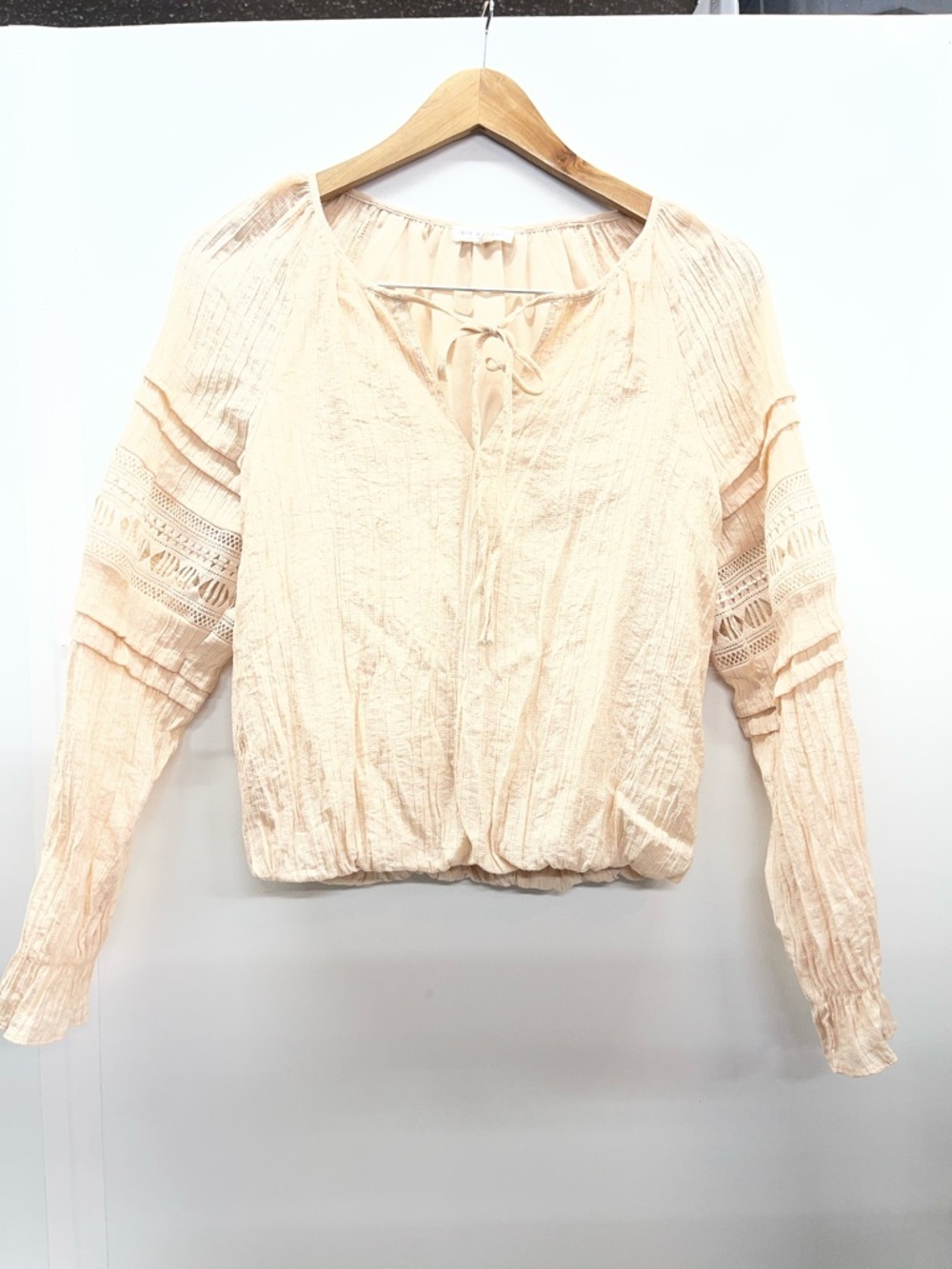 Blu Pepper Lace-Inset Tie-Neck Peasant Top - Cream boho cottagecore